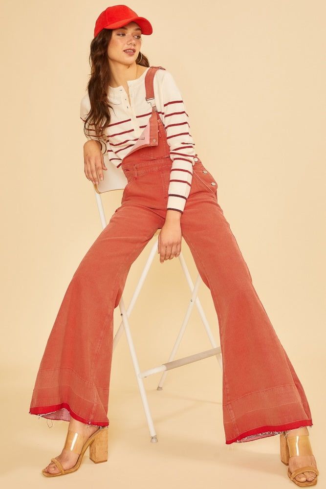 Red Stretch High Rise Flare Overall Jeans sold by Pinkblush product image thumbnail 4