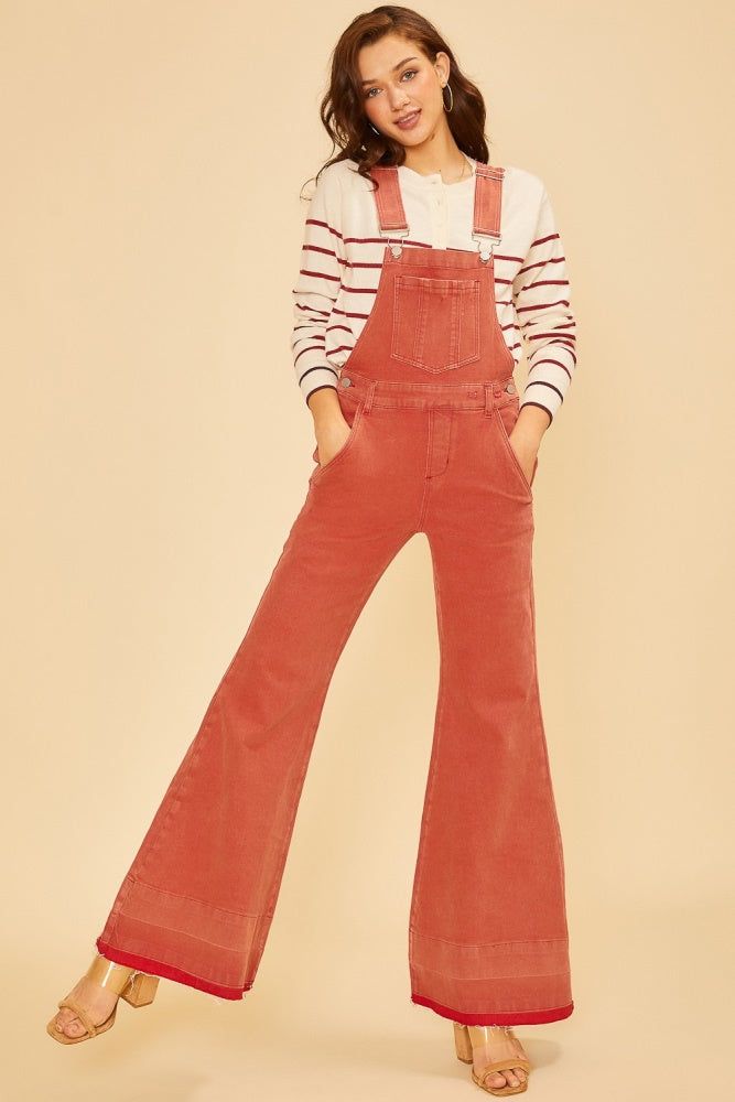 Red Stretch High Rise Flare Overall Jeans sold by Pinkblush