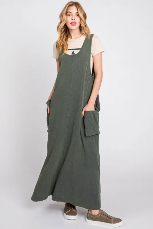 Dark Olive Washed Cargo Maxi Dress sold by Pinkblush