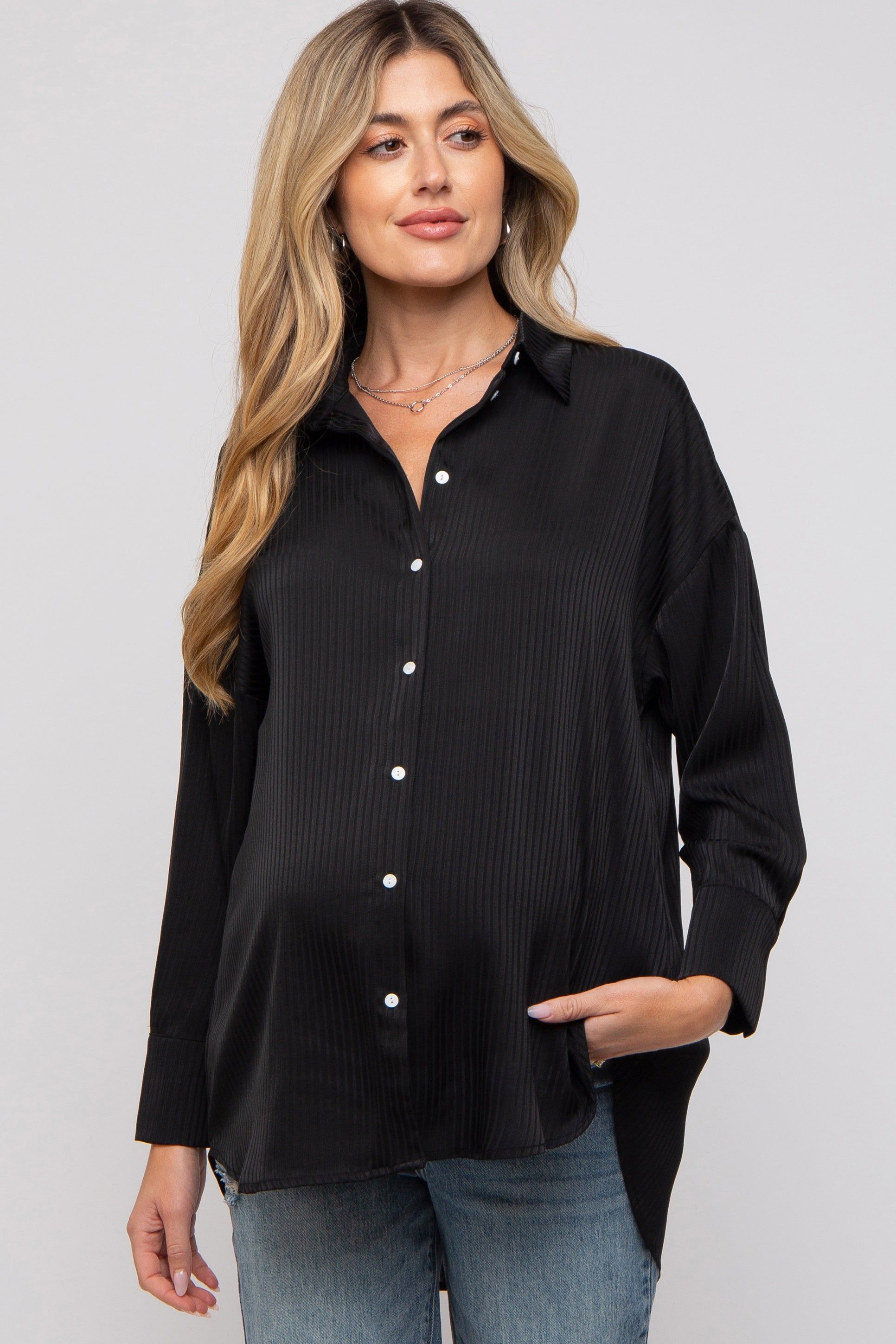 Black Striped Button Up Maternity Top sold by Pinkblush product image thumbnail 2