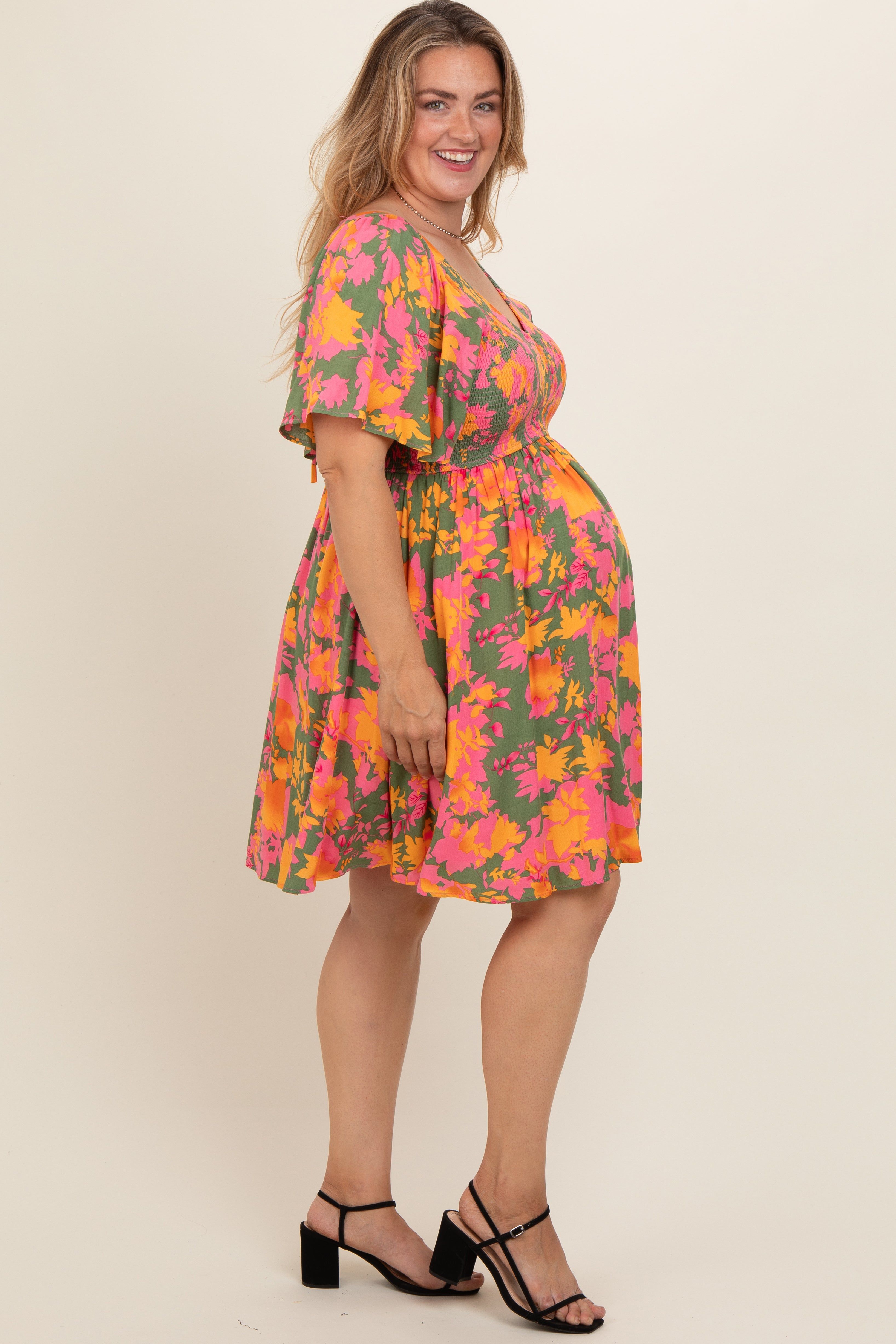 Olive Leaf Print Smocked V-Neck Maternity Plus Dress sold by Pinkblush product image thumbnail 4