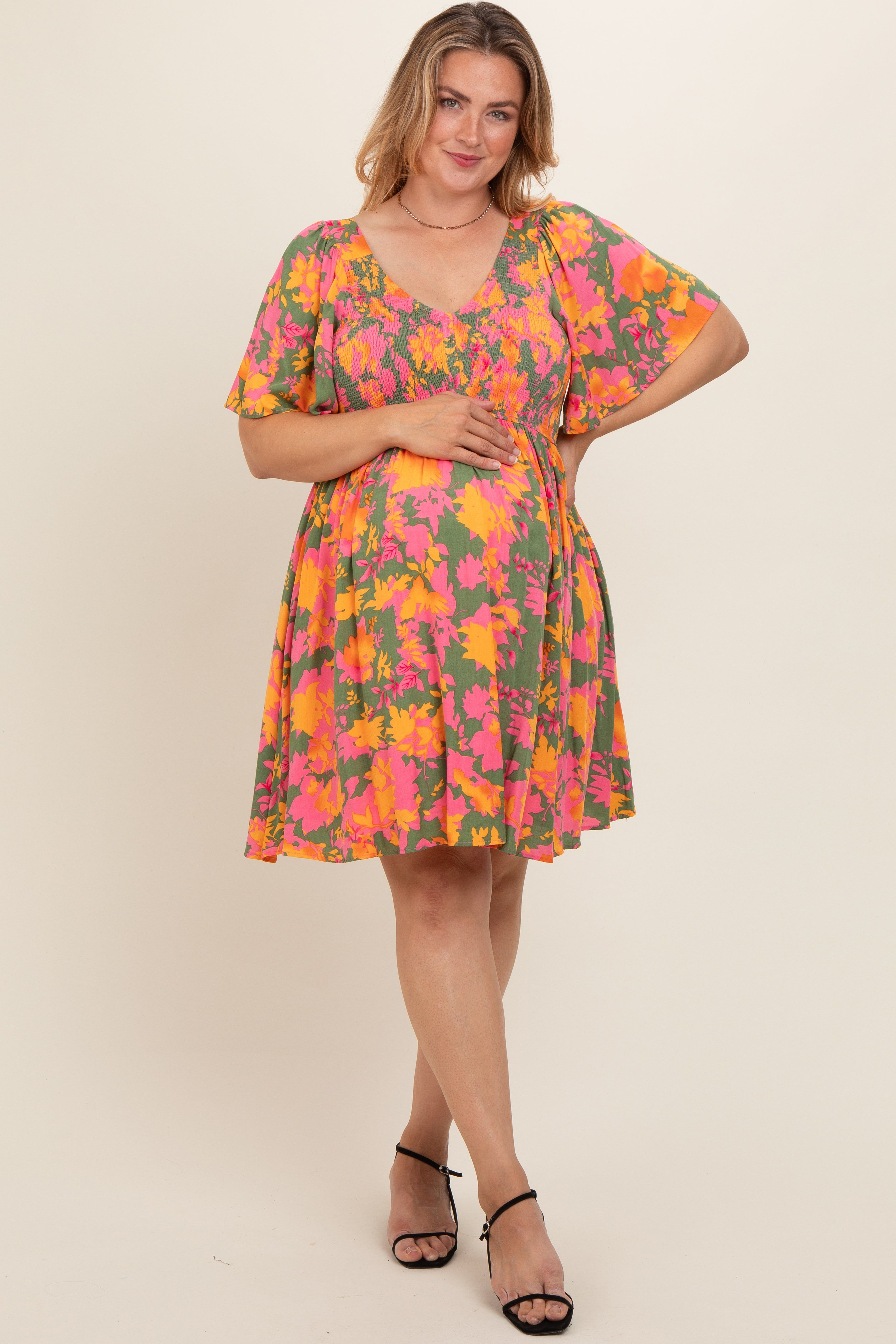 Olive Leaf Print Smocked V-Neck Maternity Plus Dress sold by Pinkblush