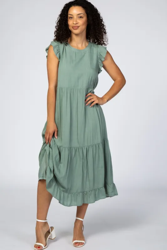 Sage Ruffle Sleeve Tiered Midi Dress sold by Pinkblush