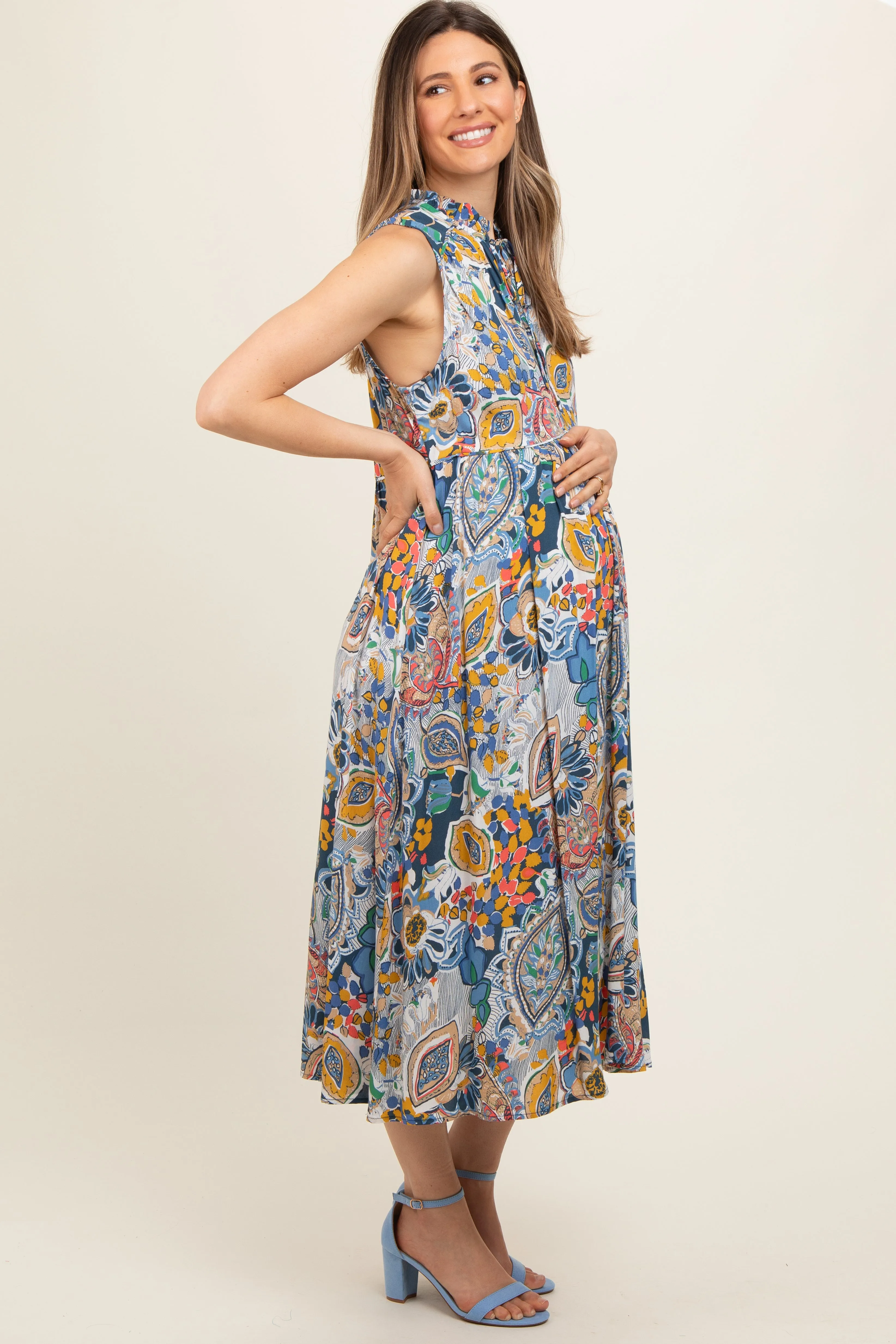 Navy Blue Floral Paisley Mock Neck Maternity Midi Dress sold by Pinkblush product image thumbnail 3