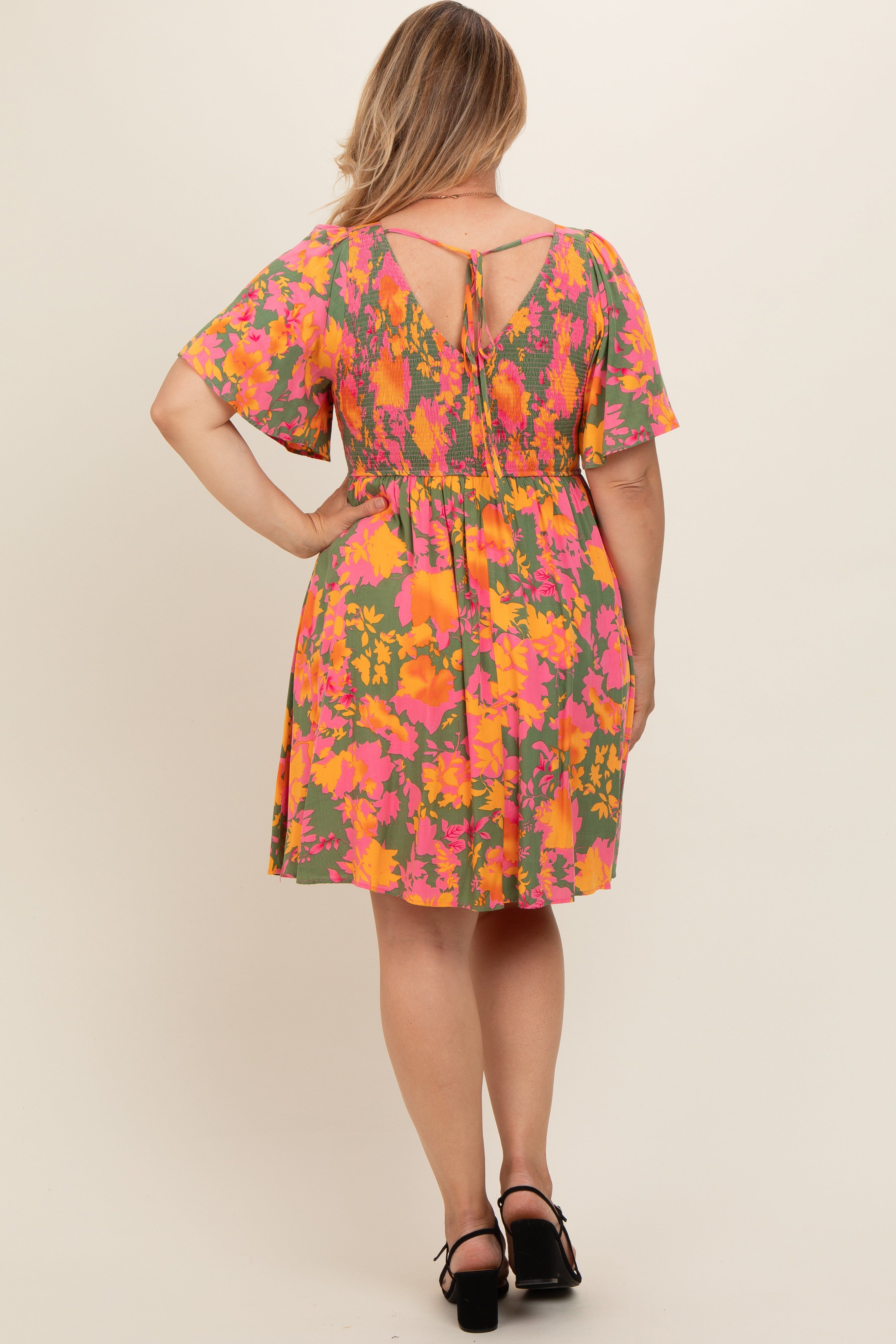 Olive Leaf Print Smocked V-Neck Maternity Plus Dress sold by Pinkblush product image thumbnail 5