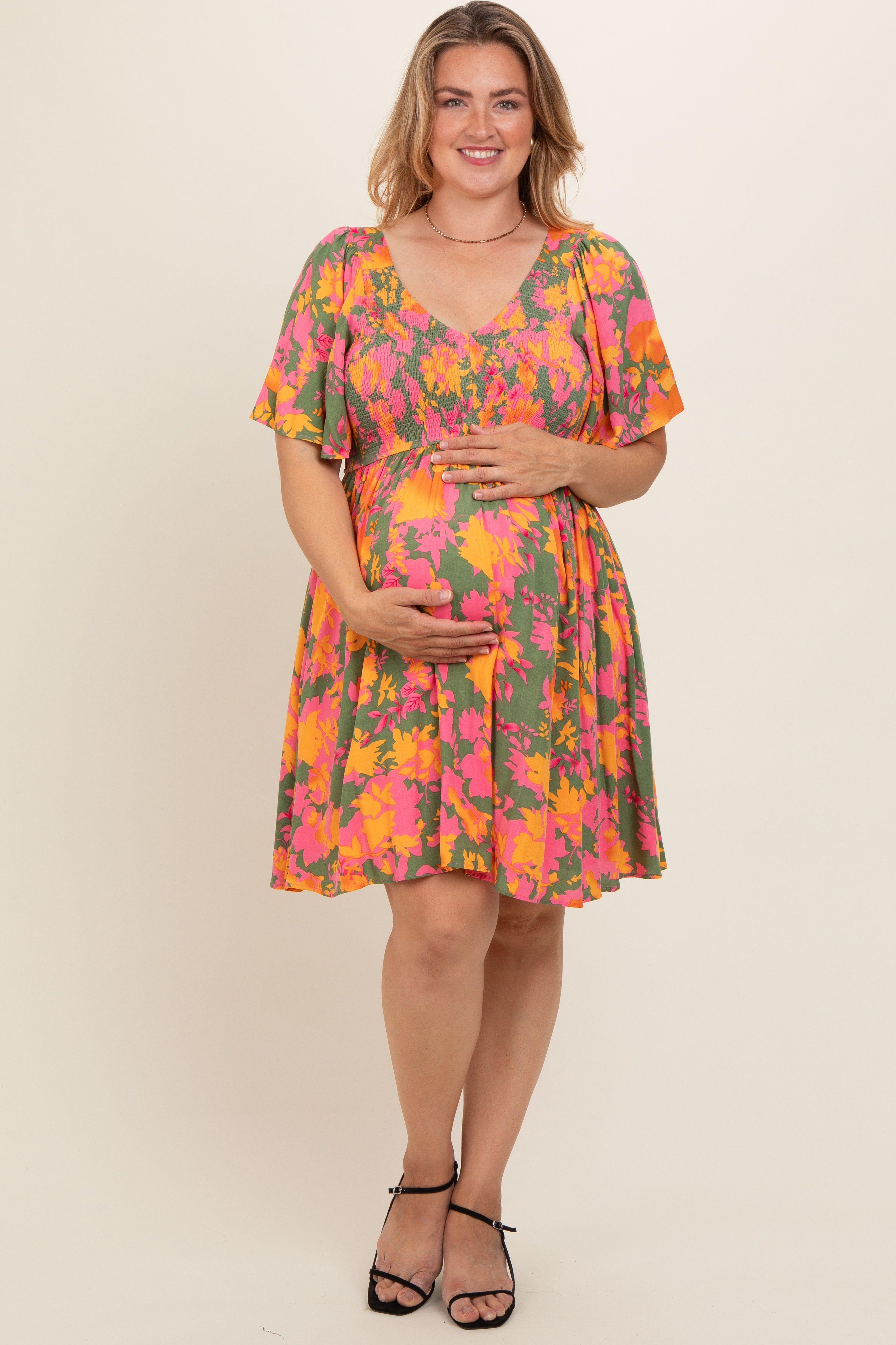 Olive Leaf Print Smocked V-Neck Maternity Plus Dress sold by Pinkblush product image thumbnail 2