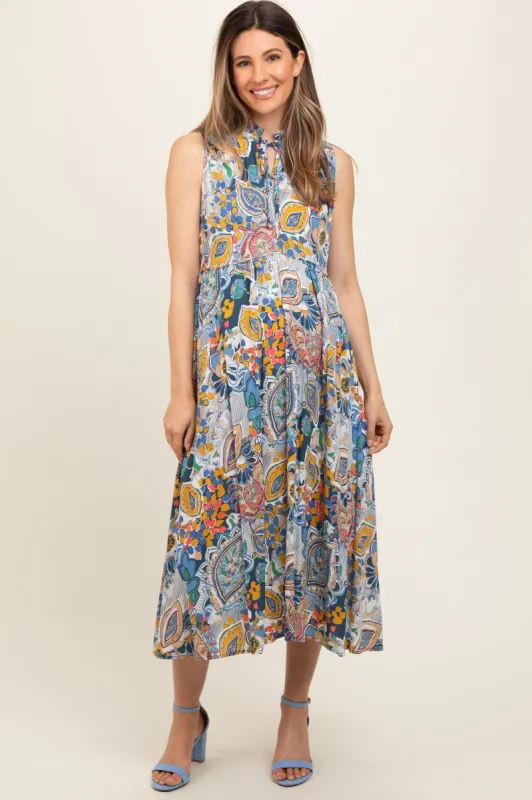 Navy Blue Floral Paisley Mock Neck Maternity Midi Dress sold by Pinkblush