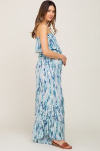 Blue Printed Sleeveless Flounce Maternity Jumpsuit sold by Pinkblush
