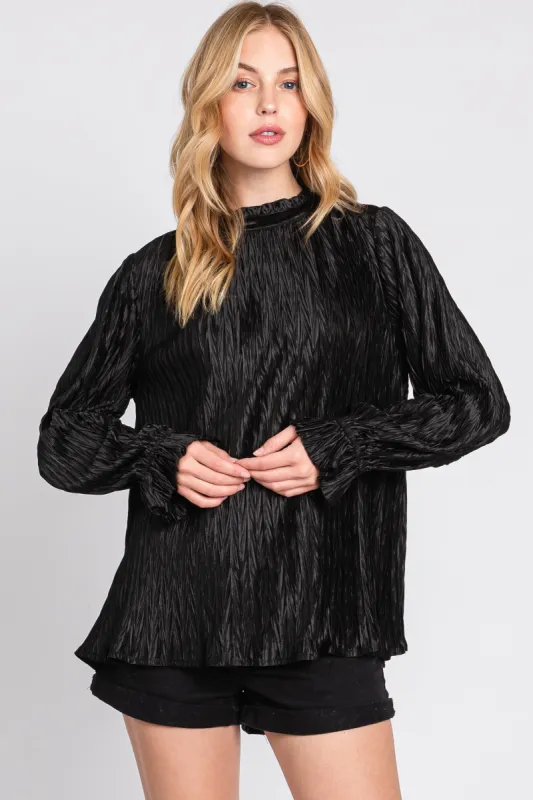 Black Textured Mock Neck Blouse sold by Pinkblush