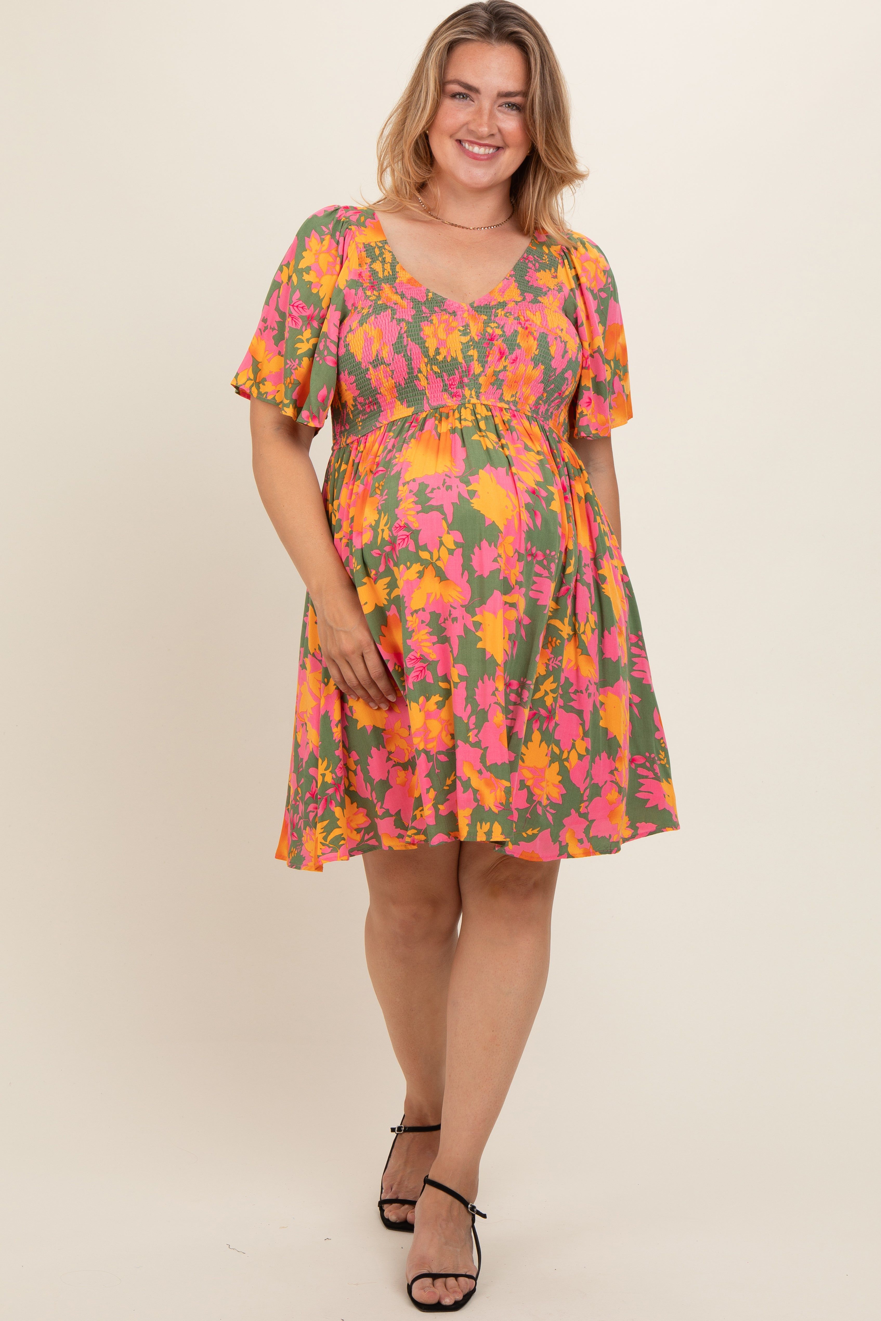 Olive Leaf Print Smocked V-Neck Maternity Plus Dress sold by Pinkblush product image thumbnail 3