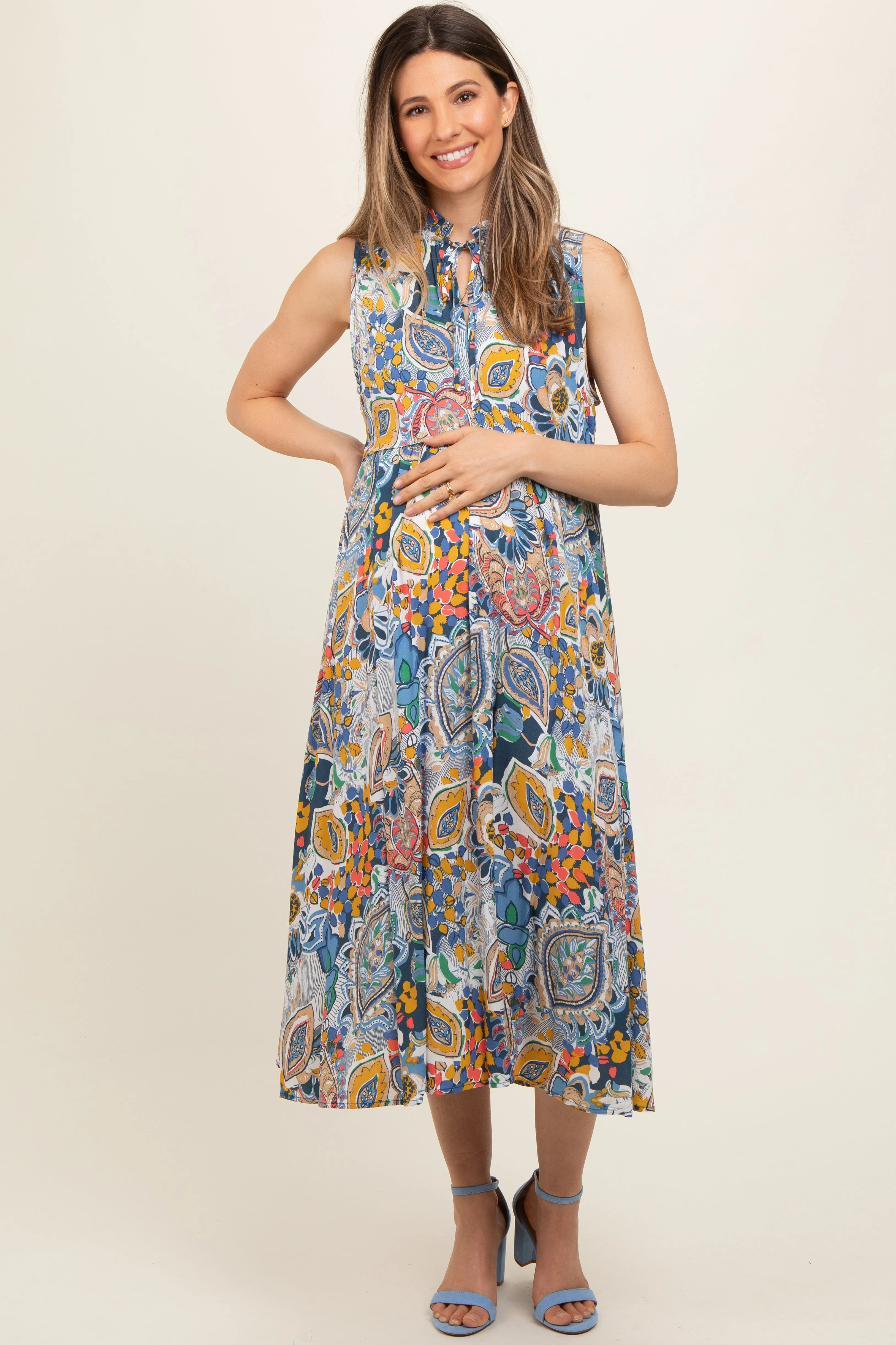 Navy Blue Floral Paisley Mock Neck Maternity Midi Dress sold by Pinkblush product image thumbnail 2