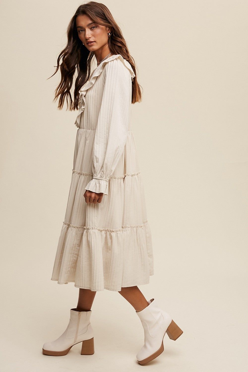 Champagne Ruffle Detail Tiered Long Sleeve Midi Dress sold by Pinkblush product image thumbnail 2