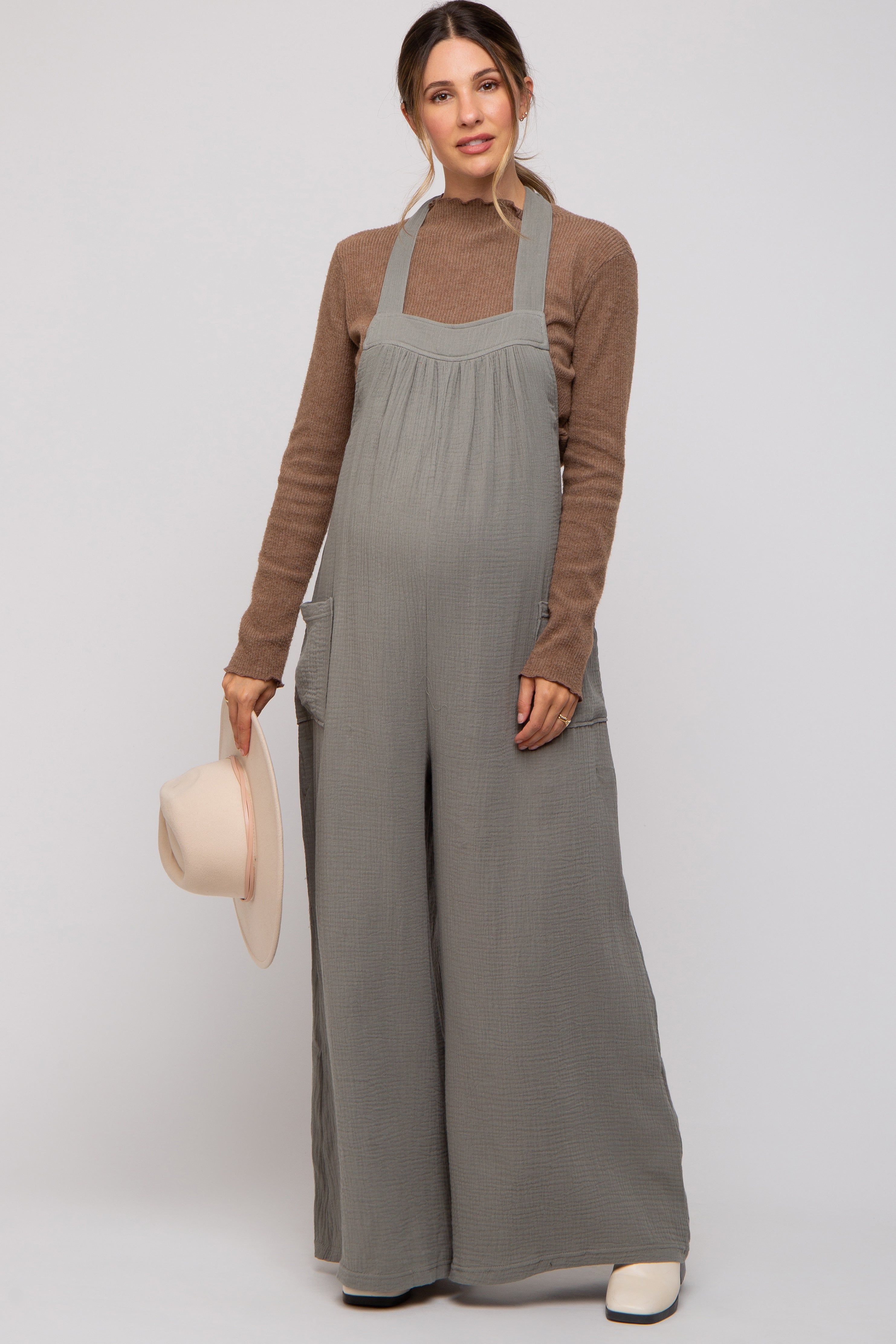 Light Olive Wide Leg Tie Back Maternity Overalls sold by Pinkblush product image thumbnail 4