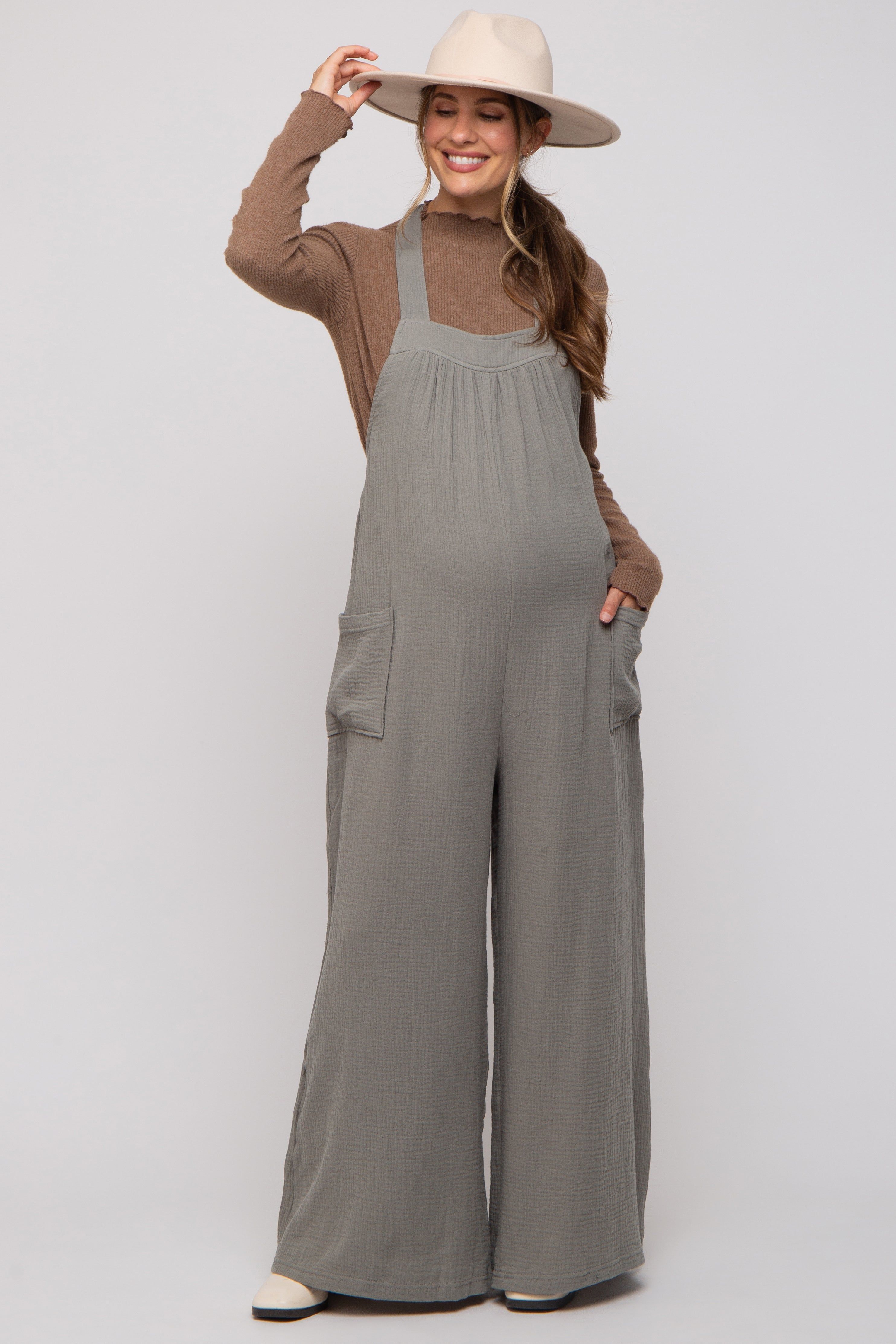 Light Olive Wide Leg Tie Back Maternity Overalls sold by Pinkblush