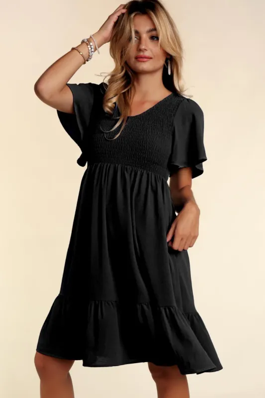 Black Smocked Ruffle Hem Dress sold by Pinkblush