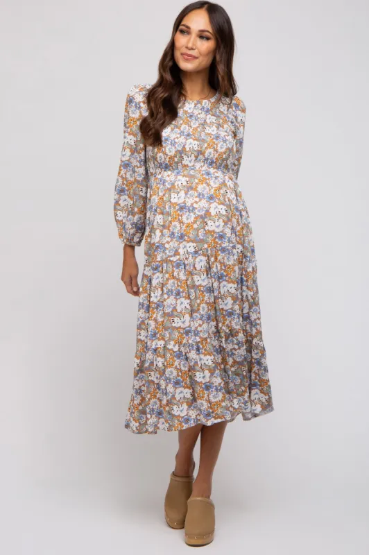 Taupe Floral Smocked Tiered Maternity Midi Dress sold by Pinkblush