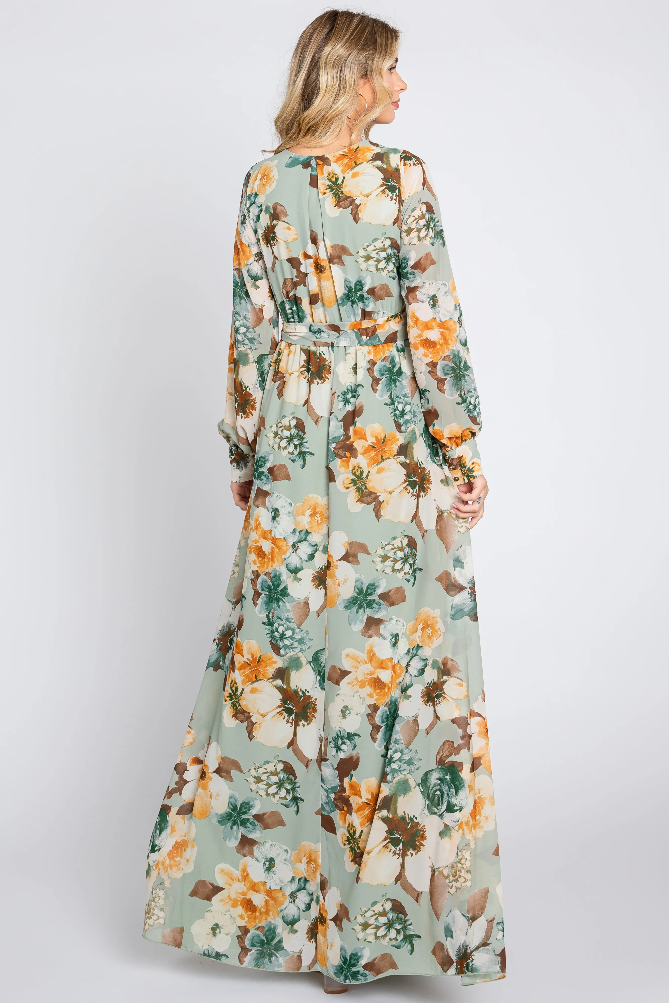 Mint Green Floral Chiffon Wrap Front V-Neck Long Sleeve Maxi Dress sold by Pinkblush product image thumbnail 3
