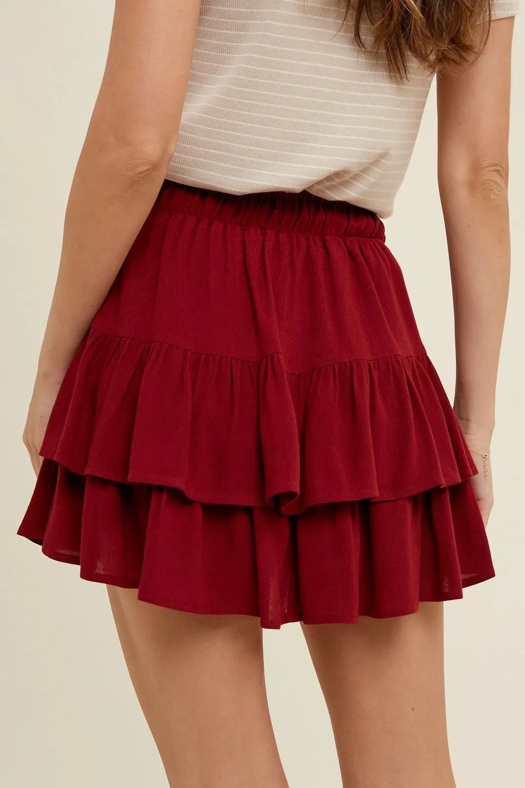 Wine Tiered Mini Skirt With Drawstring sold by Pinkblush product image thumbnail 4