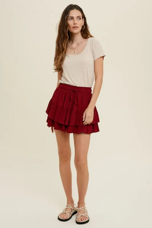 Wine Tiered Mini Skirt With Drawstring sold by Pinkblush
