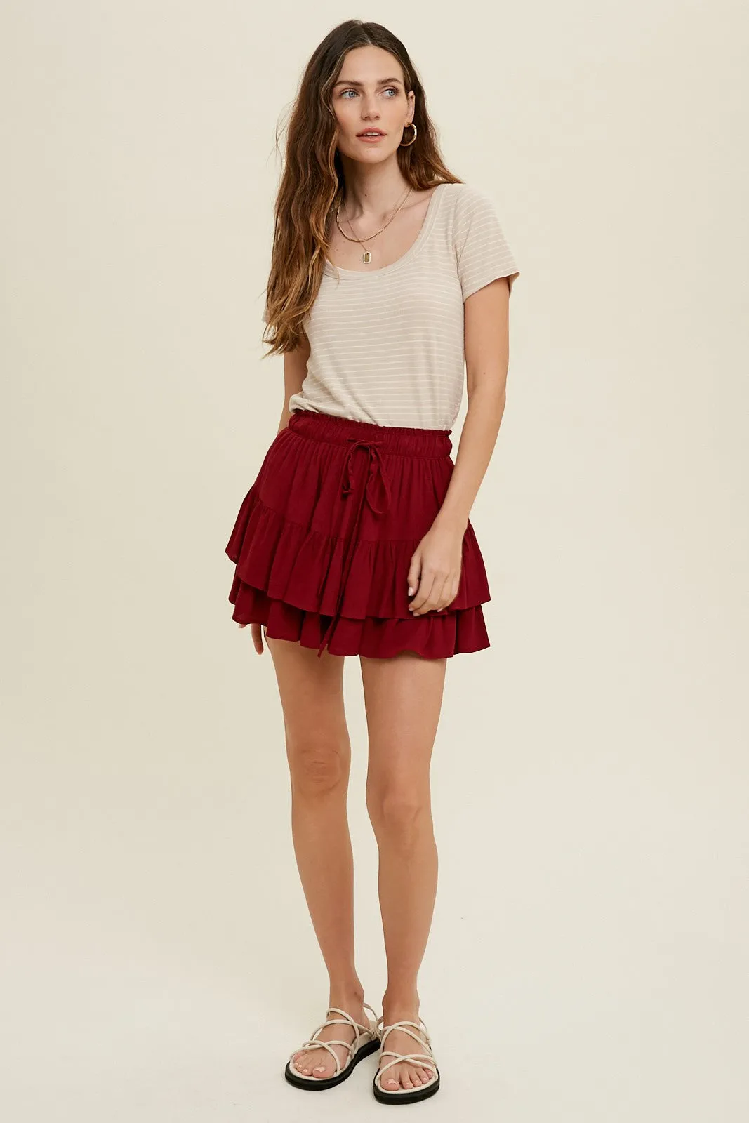 Wine Tiered Mini Skirt With Drawstring sold by Pinkblush