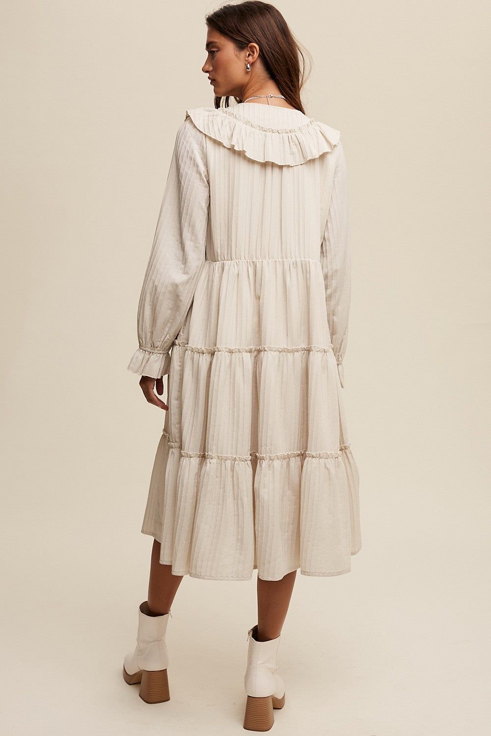 Champagne Ruffle Detail Tiered Long Sleeve Midi Dress sold by Pinkblush product image thumbnail 3