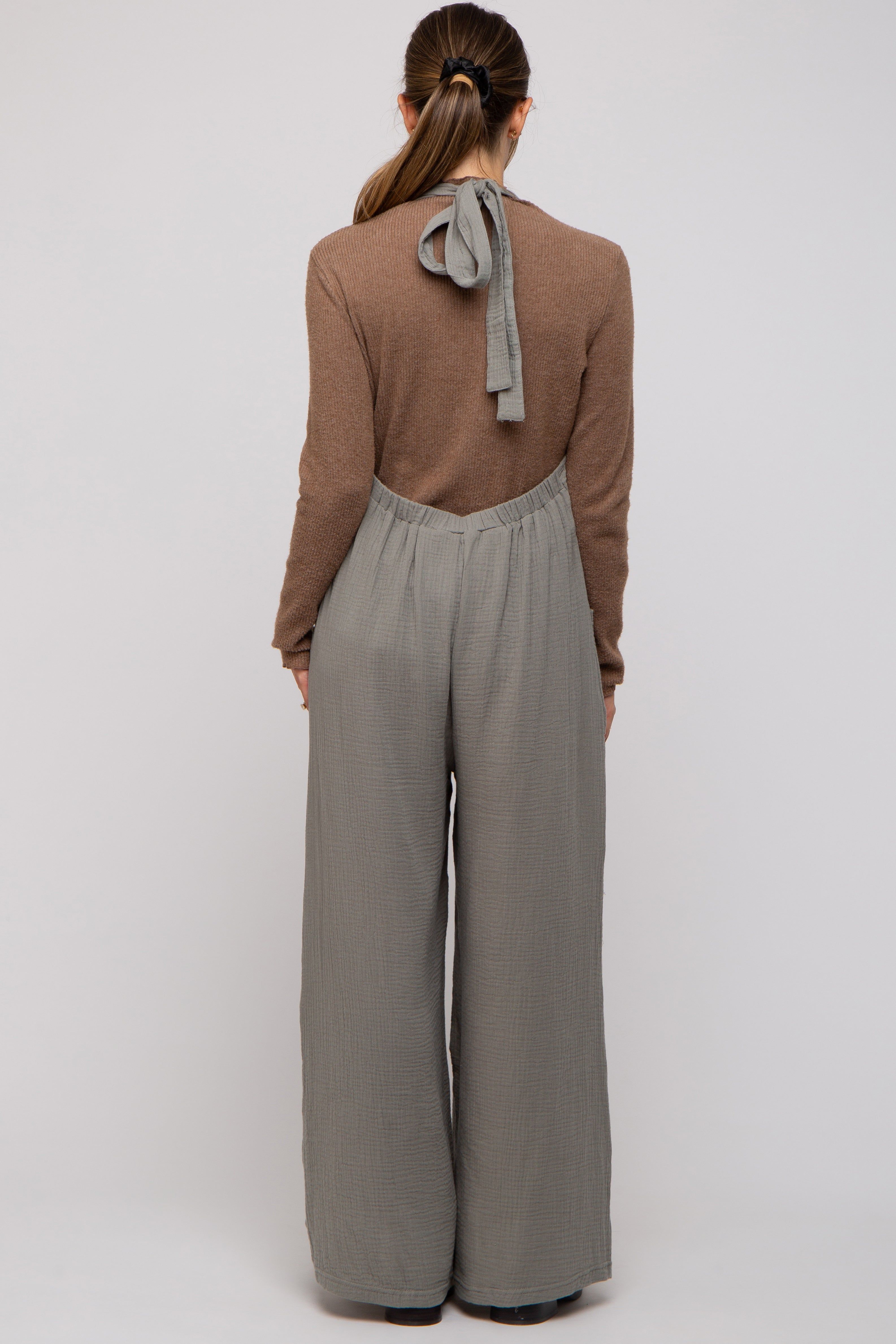 Light Olive Wide Leg Tie Back Maternity Overalls sold by Pinkblush product image thumbnail 5