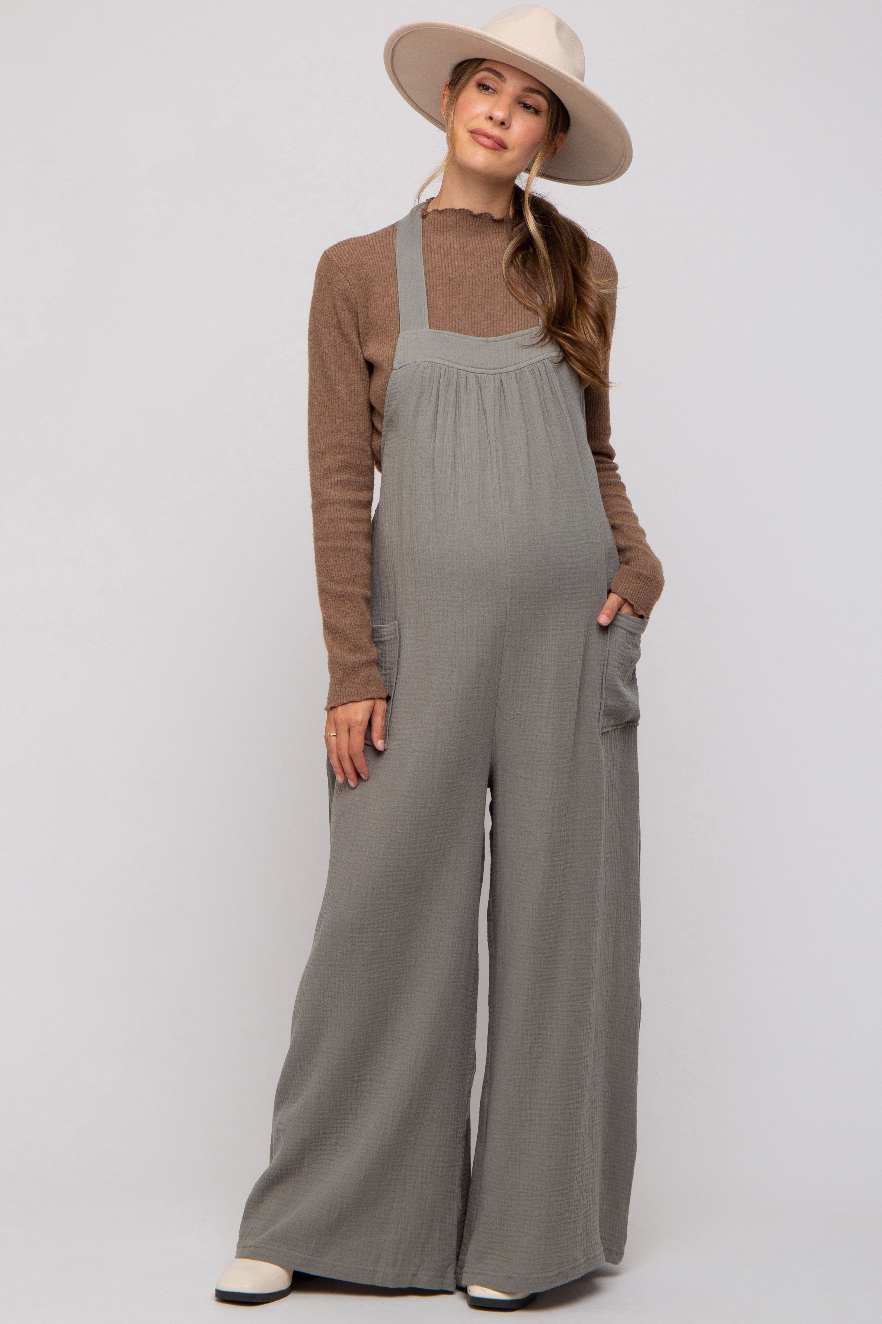 Light Olive Wide Leg Tie Back Maternity Overalls sold by Pinkblush product image thumbnail 2