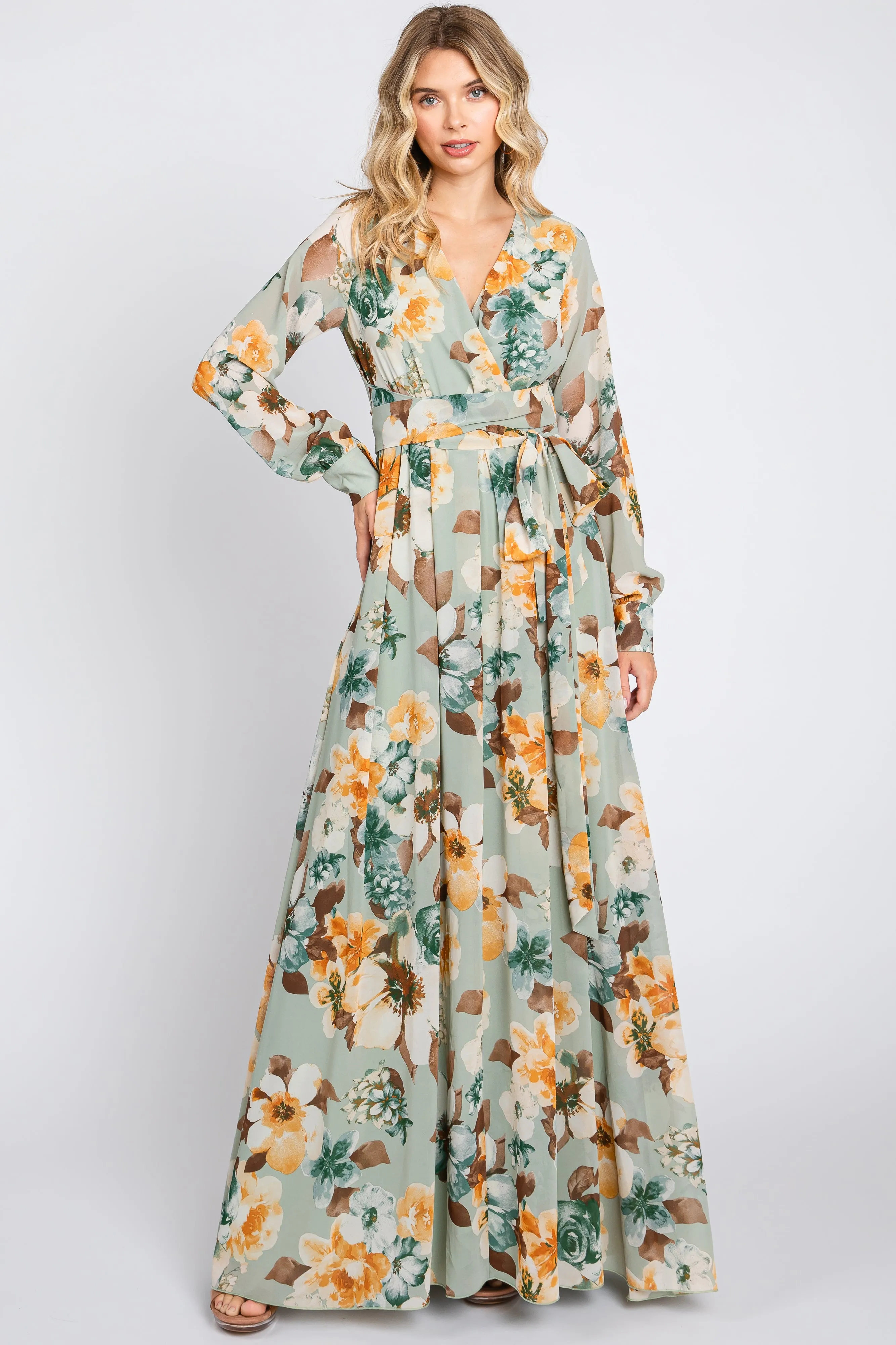Mint Green Floral Chiffon Wrap Front V-Neck Long Sleeve Maxi Dress sold by Pinkblush product image thumbnail 4