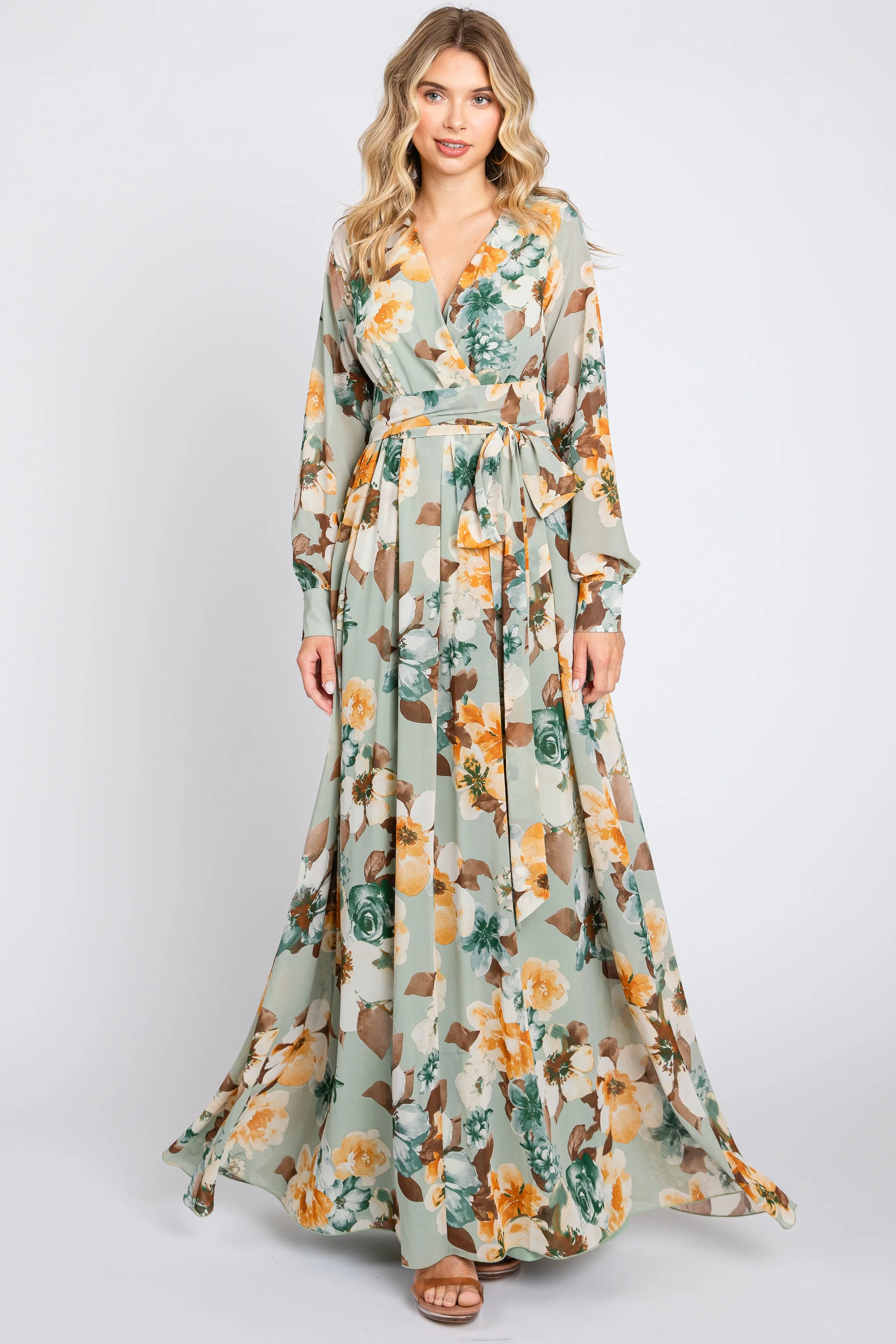Mint Green Floral Chiffon Wrap Front V-Neck Long Sleeve Maxi Dress sold by Pinkblush