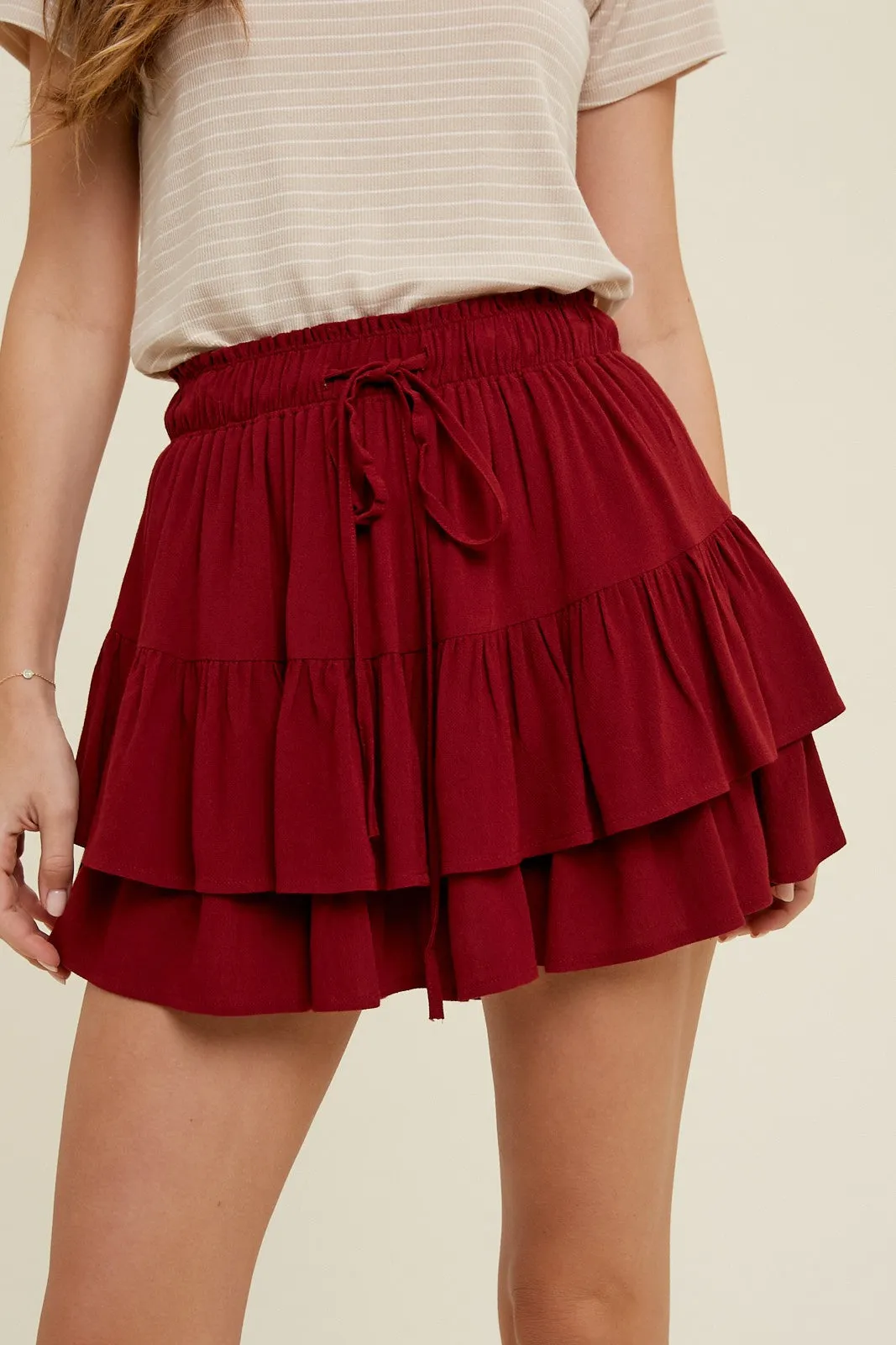 Wine Tiered Mini Skirt With Drawstring sold by Pinkblush product image thumbnail 2