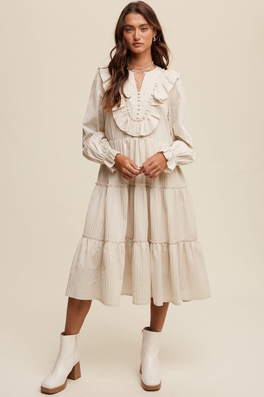 Champagne Ruffle Detail Tiered Long Sleeve Midi Dress sold by Pinkblush
