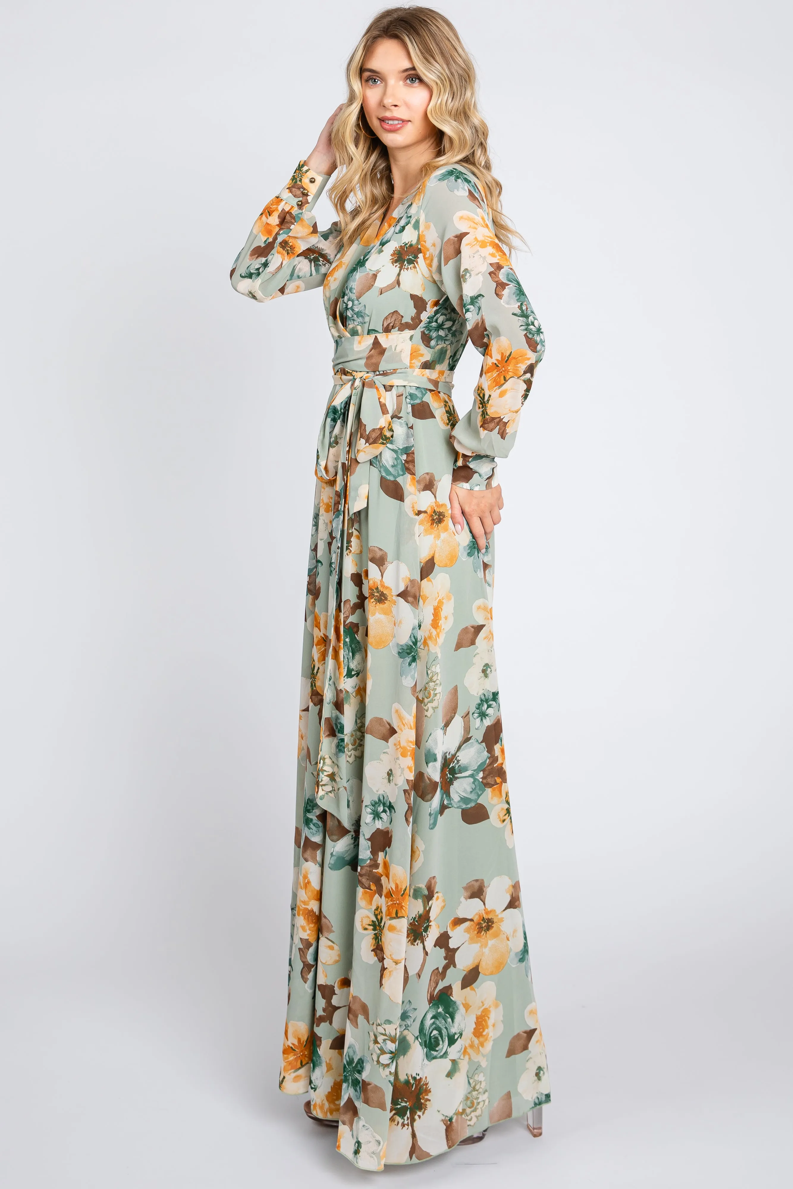 Mint Green Floral Chiffon Wrap Front V-Neck Long Sleeve Maxi Dress sold by Pinkblush product image thumbnail 2