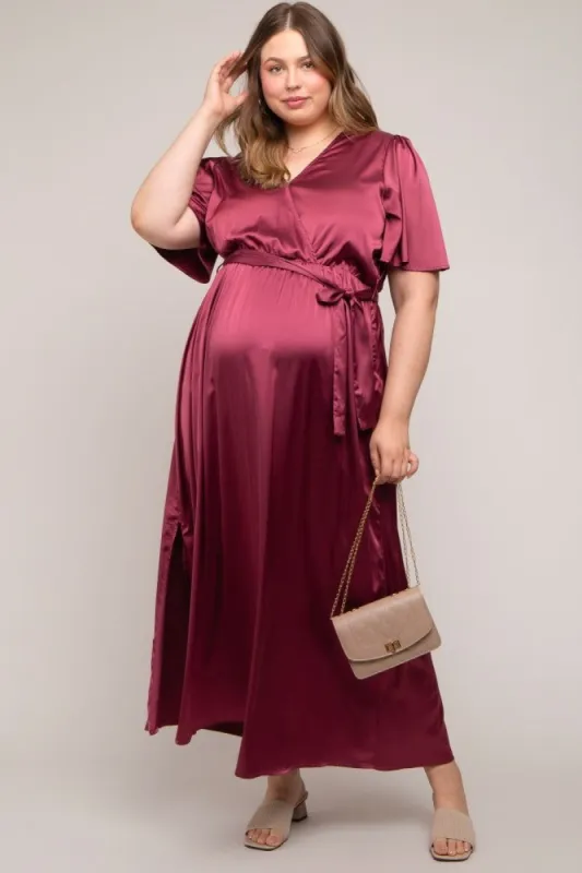 Burgundy Satin Wrap Plus Maternity/Nursing Dress sold by Pinkblush
