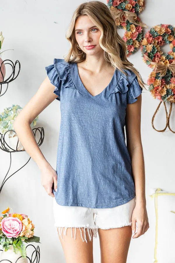 Blue Heathered Ruffle Cap Sleeve Top sold by Pinkblush product image thumbnail 2