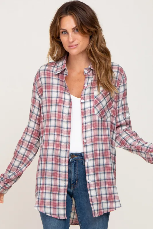 Red Plaid Rolled Cuff Flannel Top sold by Pinkblush