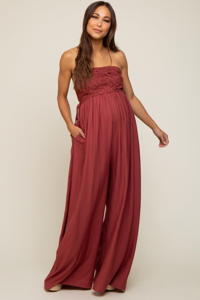 Burgundy Lace Strapless Maternity Wide Leg Jumpsuit sold by Pinkblush product image thumbnail 5
