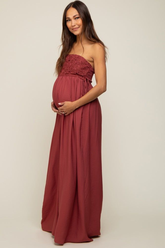 Burgundy Lace Strapless Maternity Wide Leg Jumpsuit sold by Pinkblush product image thumbnail 2