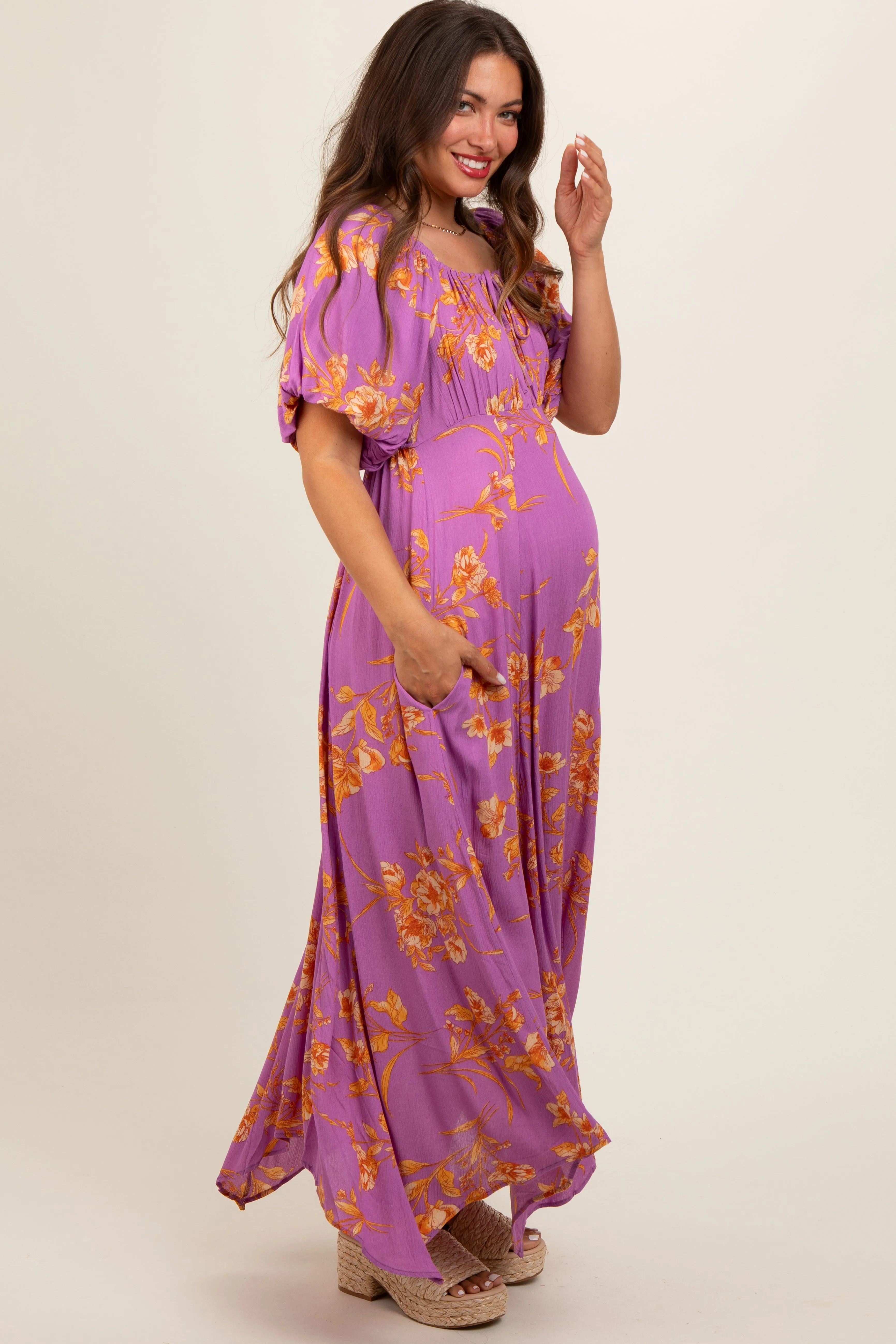 Lavender Floral Puff Sleeve Maternity Maxi Dress sold by Pinkblush product image thumbnail 3
