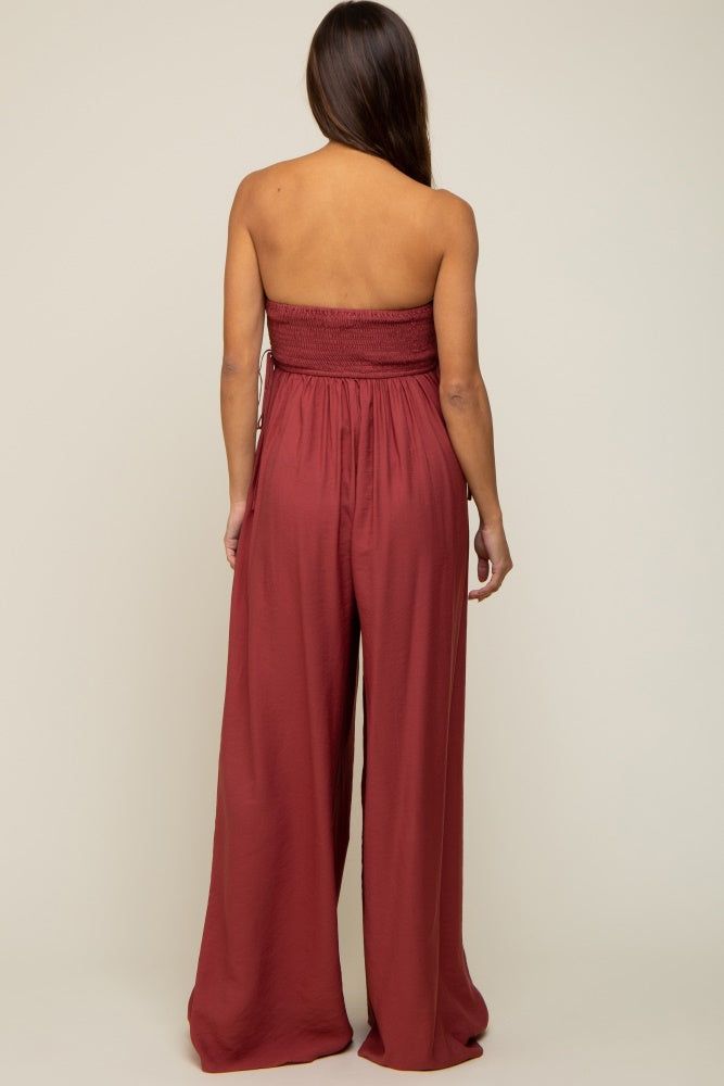 Burgundy Lace Strapless Maternity Wide Leg Jumpsuit sold by Pinkblush product image thumbnail 3