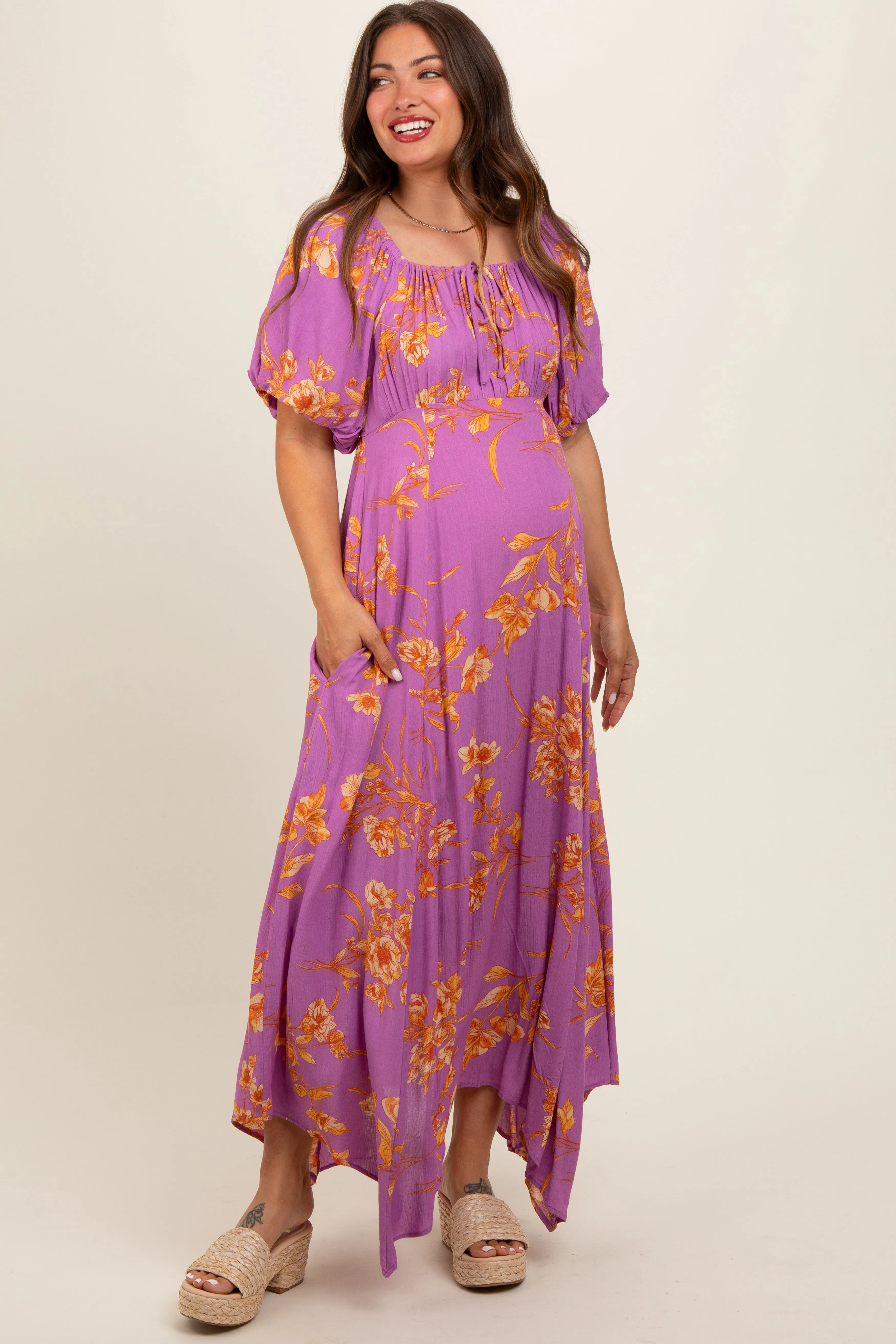 Lavender Floral Puff Sleeve Maternity Maxi Dress sold by Pinkblush