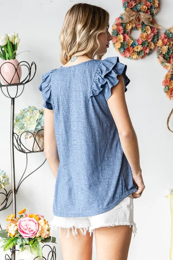 Blue Heathered Ruffle Cap Sleeve Top sold by Pinkblush product image thumbnail 4