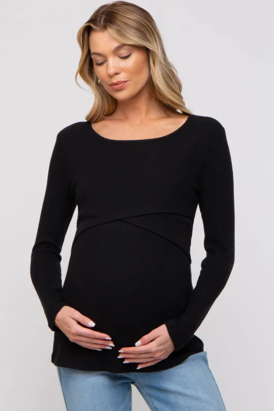 Black Ribbed Crossover Maternity/Nursing Top sold by Pinkblush