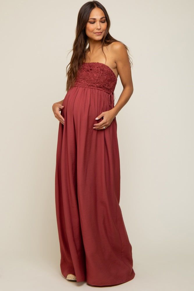 Burgundy Lace Strapless Maternity Wide Leg Jumpsuit sold by Pinkblush product image thumbnail 4