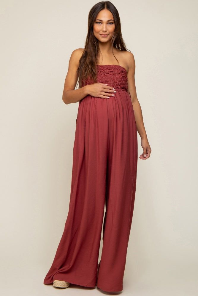 Burgundy Lace Strapless Maternity Wide Leg Jumpsuit sold by Pinkblush