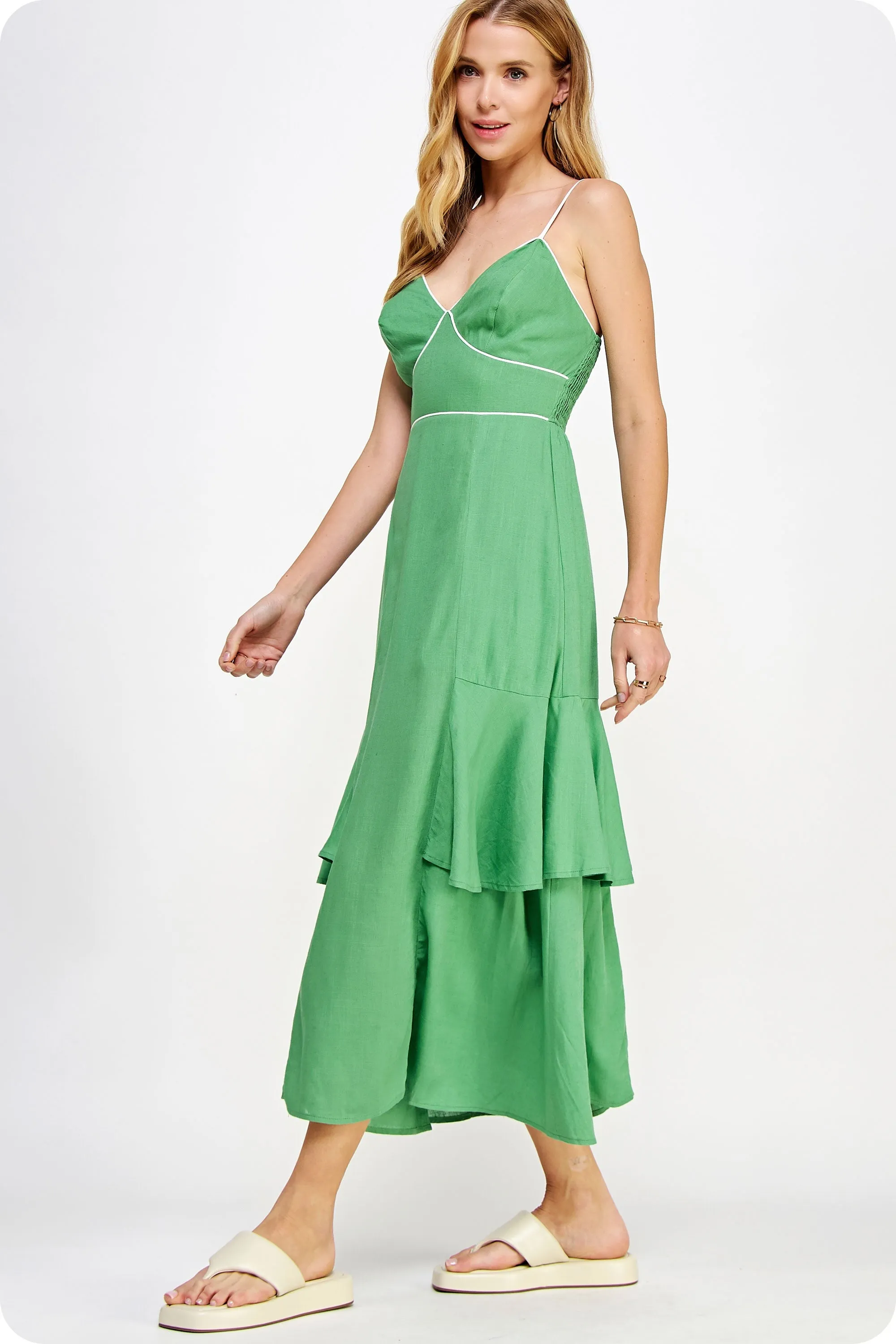 Green Piping Detail Sleeveless Linen Long Dress sold by Pinkblush product image thumbnail 2