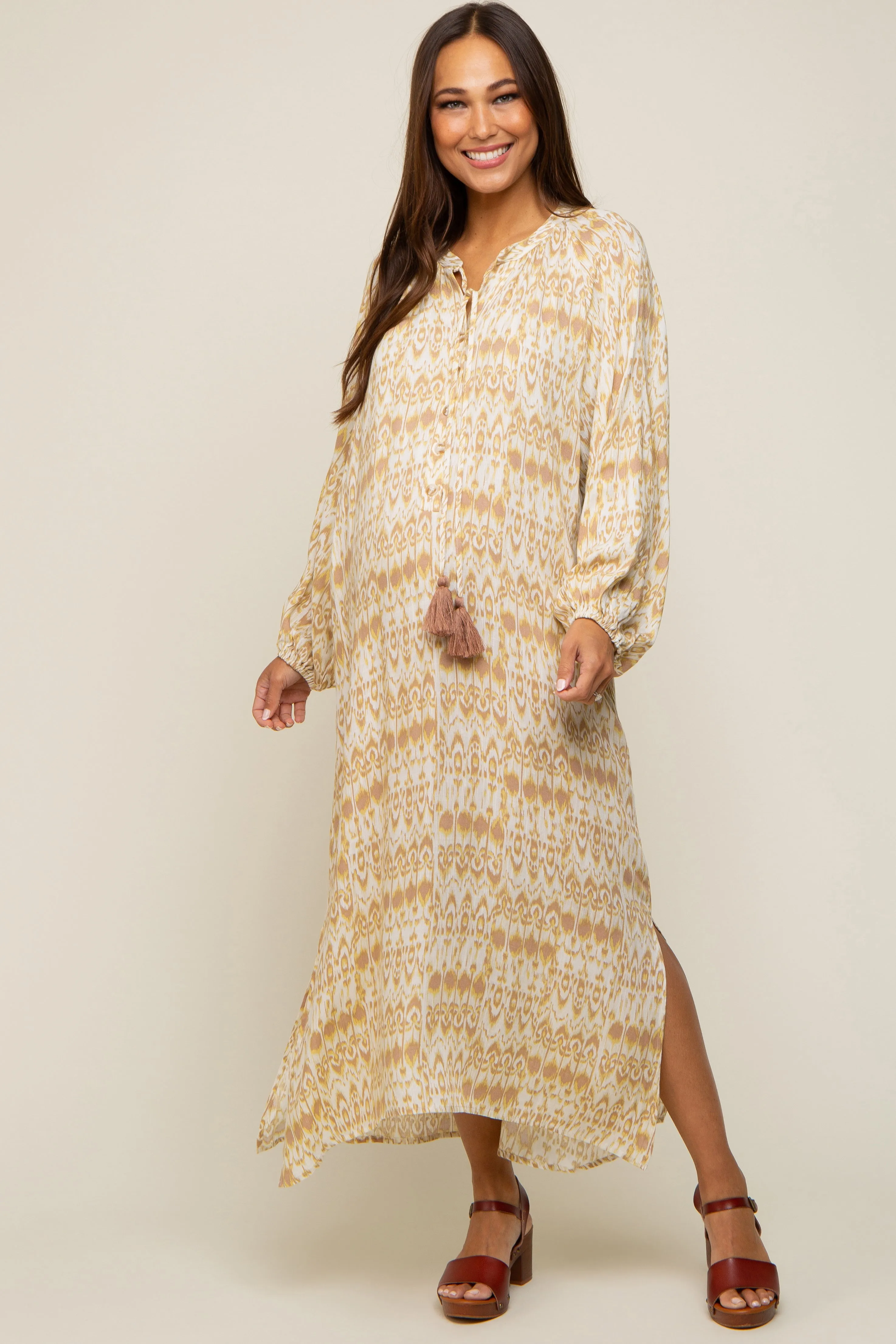 Cream Button Front Split V-Neck Side Slit Maternity Midi Dress sold by Pinkblush