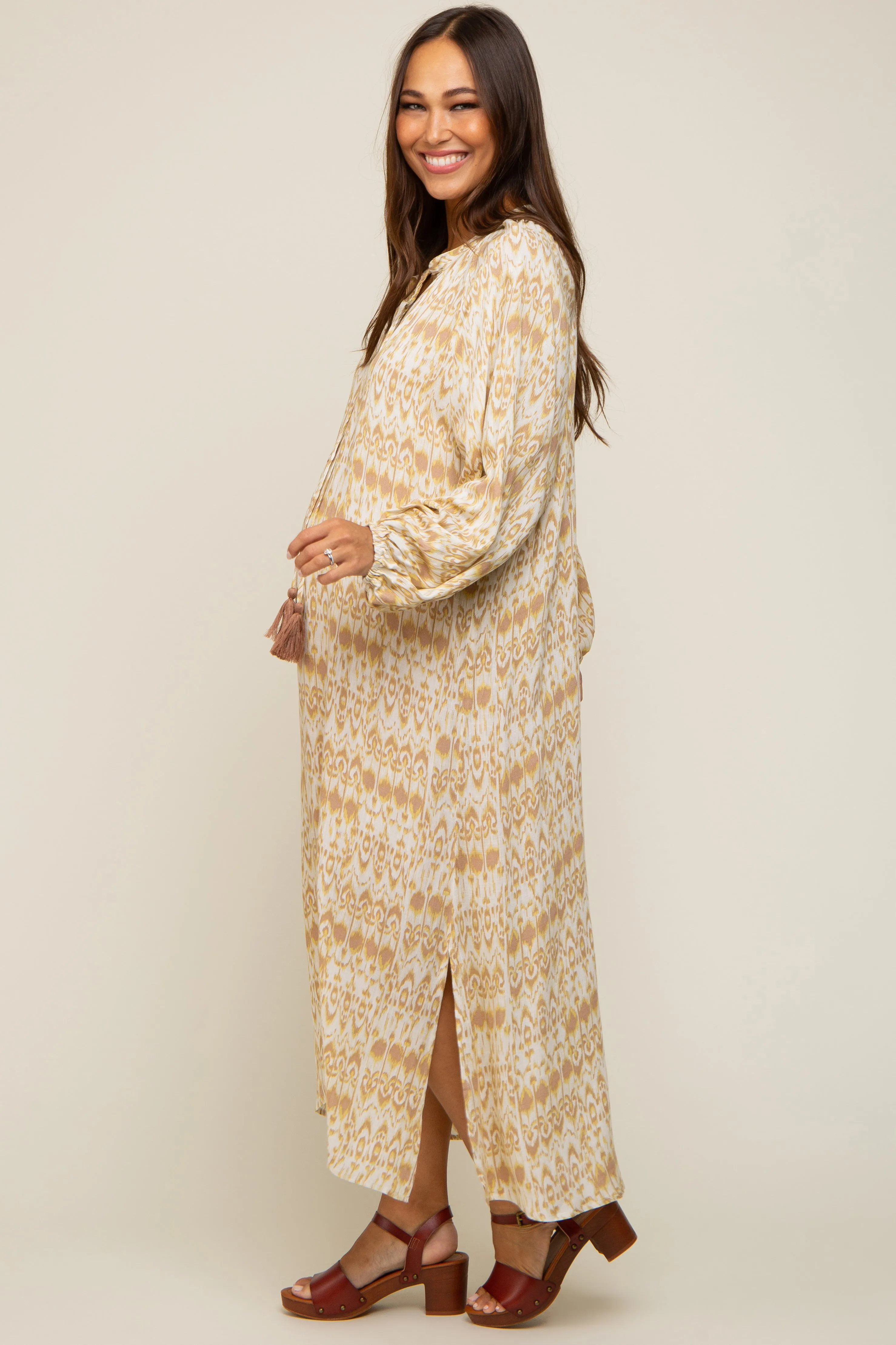 Cream Button Front Split V-Neck Side Slit Maternity Midi Dress sold by Pinkblush product image thumbnail 2