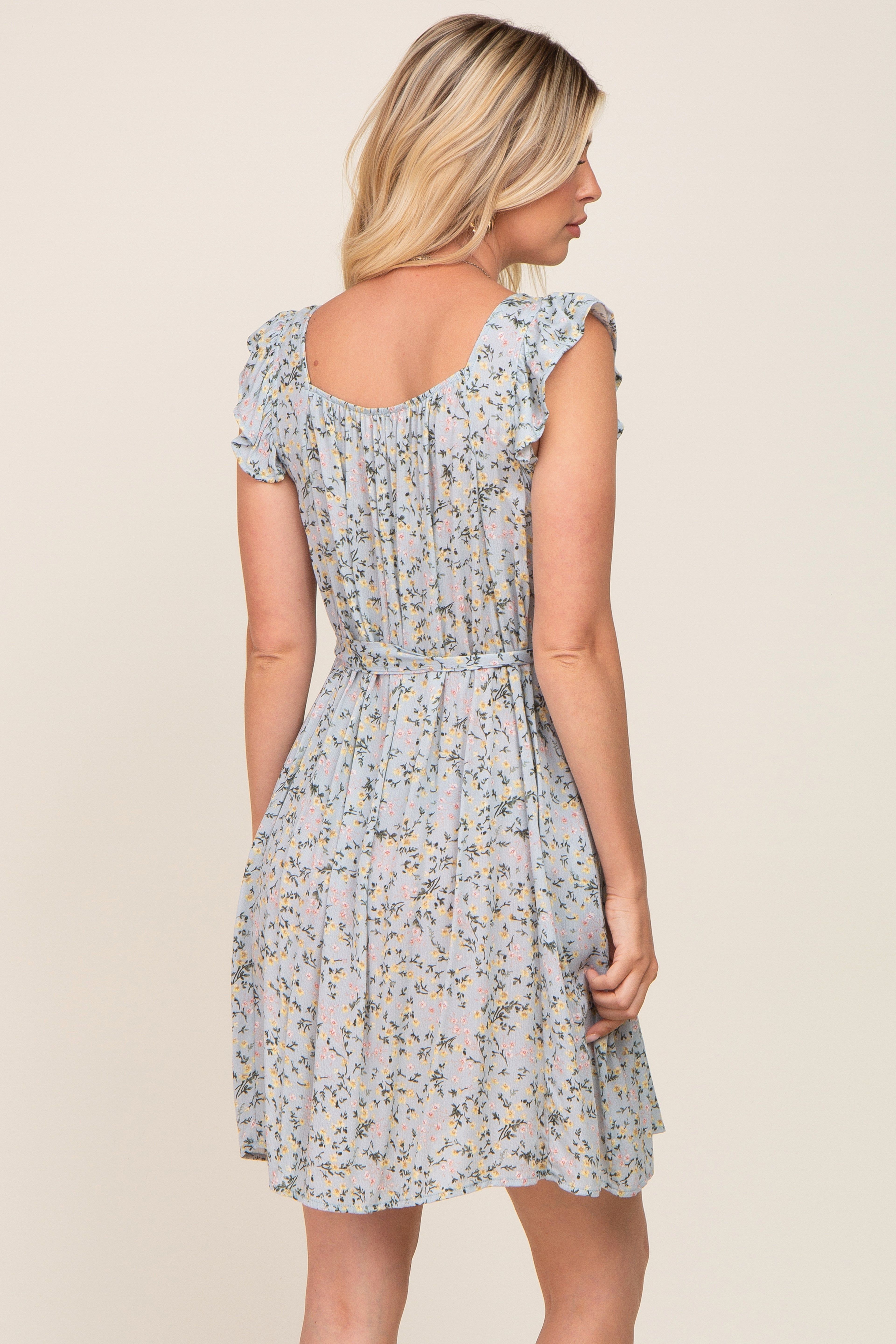 Light Blue Floral Flutter Sleeve Waist Tie Dress sold by Pinkblush product image thumbnail 3