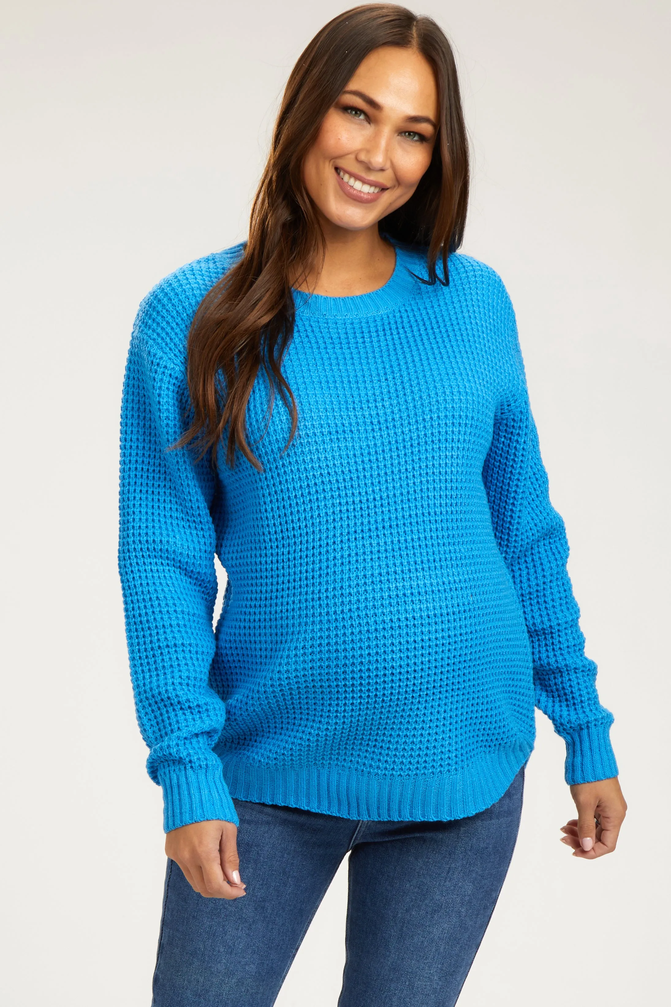 Blue Waffle Knit Round Hem Maternity Sweater sold by Pinkblush