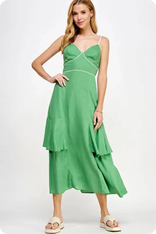 Green Piping Detail Sleeveless Linen Long Dress sold by Pinkblush